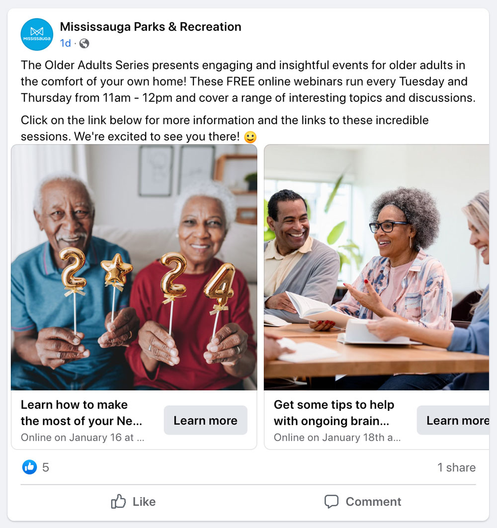 A Facebook carousel advertising upcoming Older Adults events featuring pictures of smiling older adults.