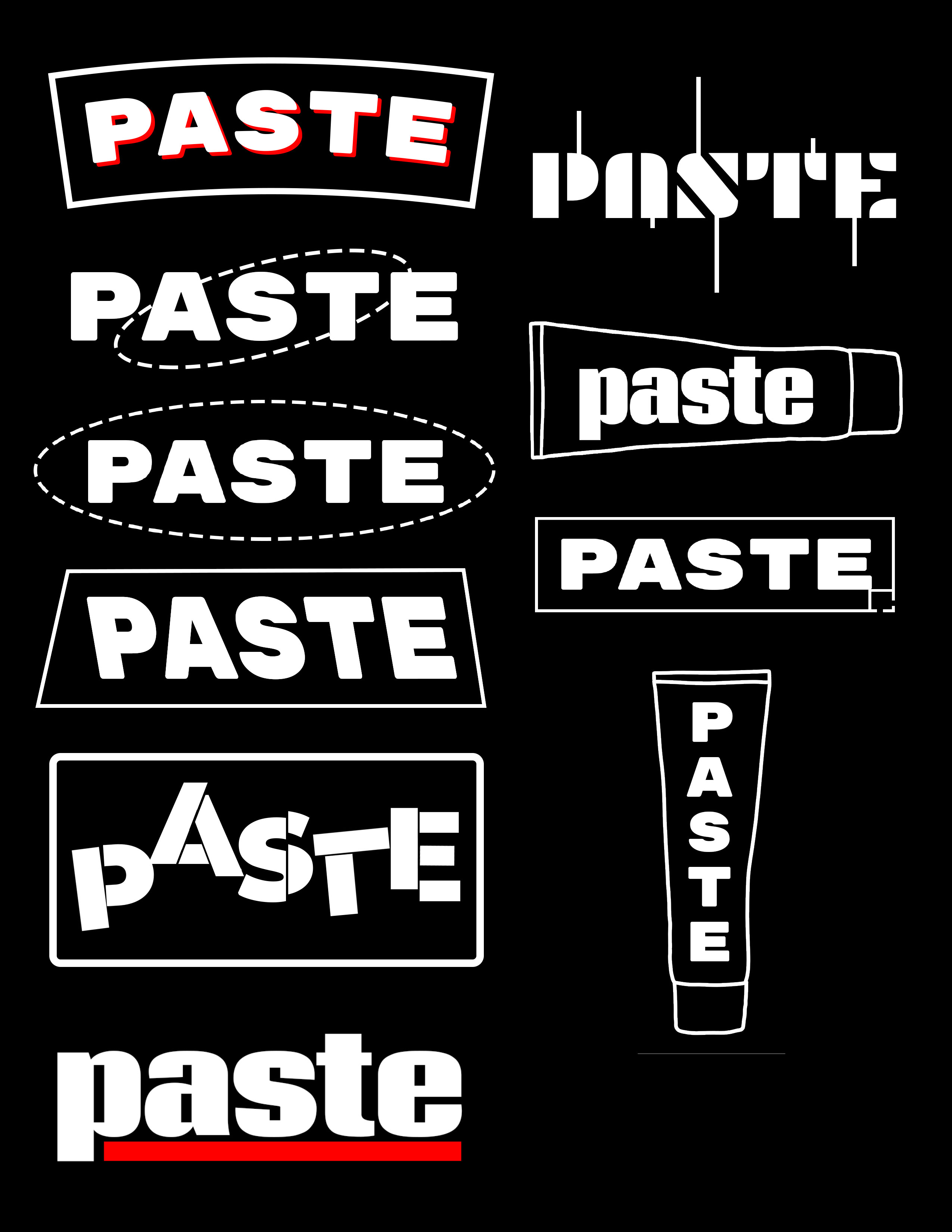 Several variations of logos for a band named Paste