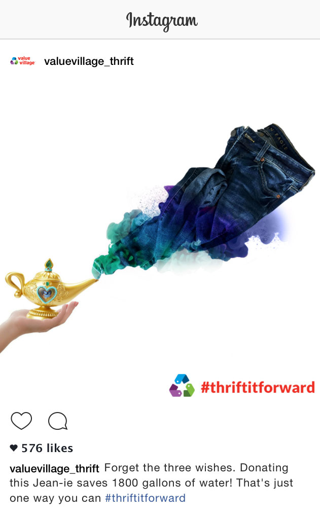 A mockup of an instagram post with a pair of jeans coming out of a toy genie lamp saying that the jean-ie saves 1800 gallons of water because that is how much water is saved per pair of jeans when you thrift.