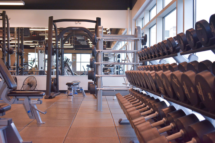 Weight, benches, and squat rack at the fitness centre at the Paramount Fine Foods Centre