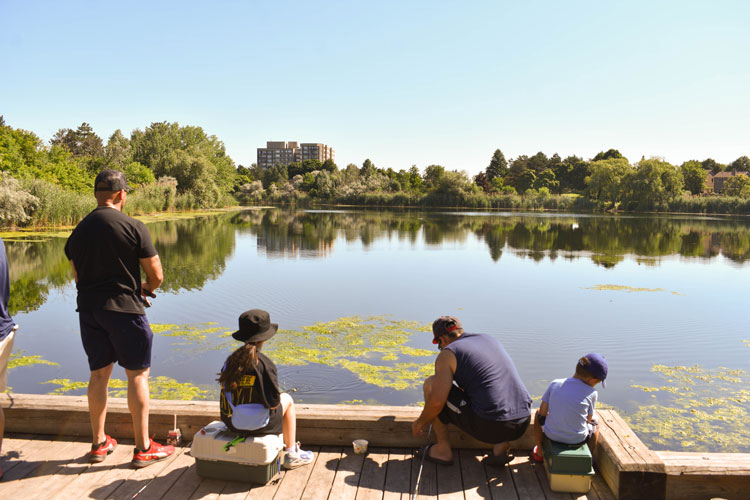 Families fishing off the dock at Lake Aquitaine on Family Fishing Day