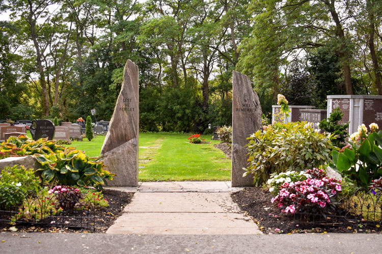 Lest we forget we will remember stones among gardens at Streetsville Cemetery