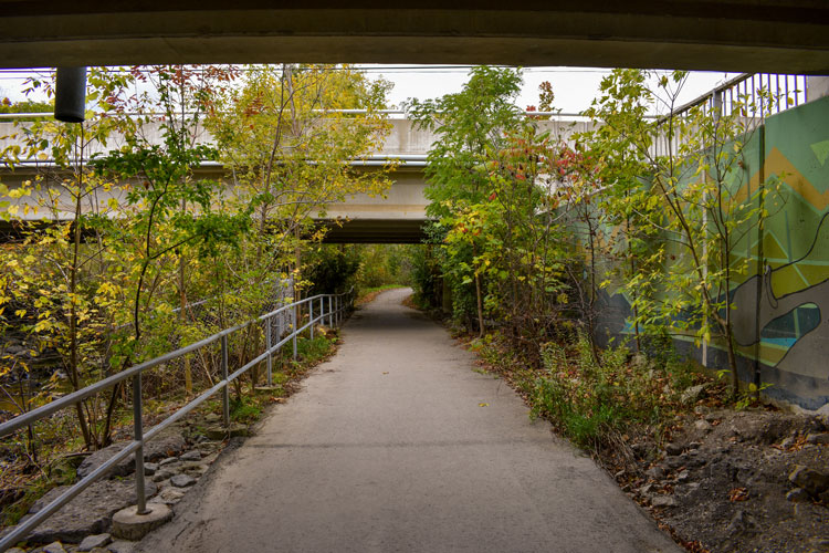 Overpass at Sawmill Valley Trail framed by fall foliage